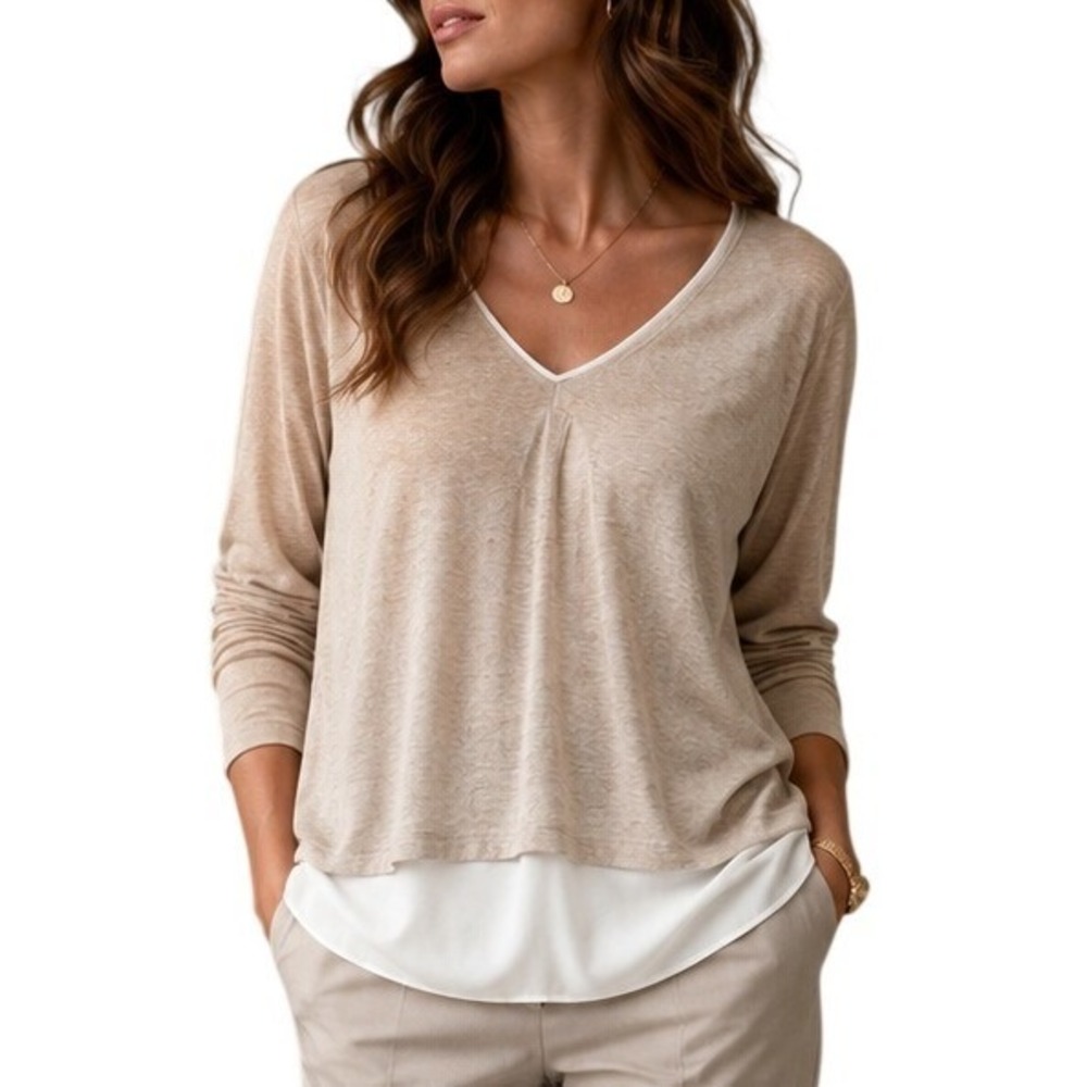 White House Black Market Layered V-Neck Top Oatmeal Beige Long Sleeve Small‎